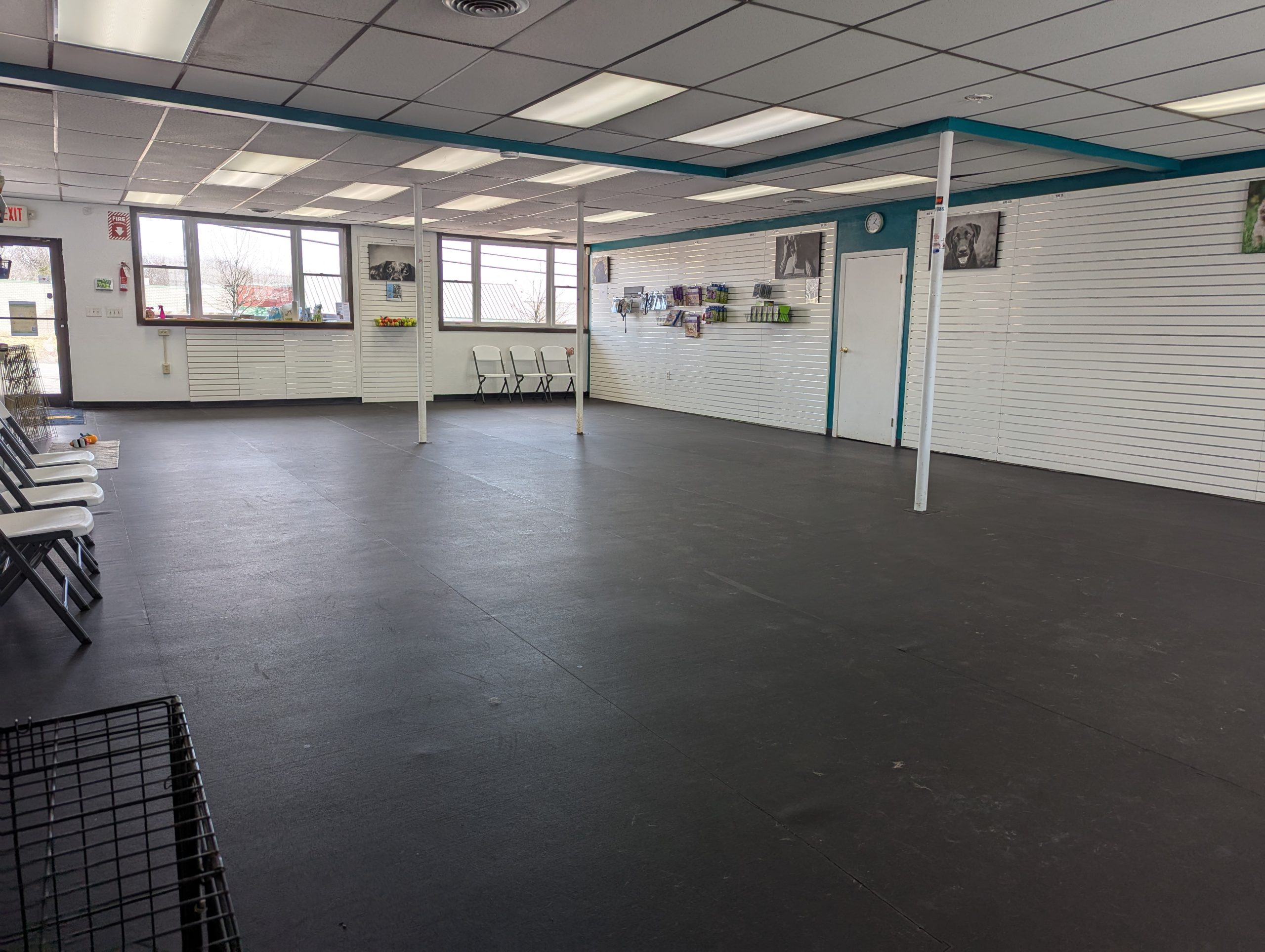 Large, open indoor room with black rubber floor for dog training.